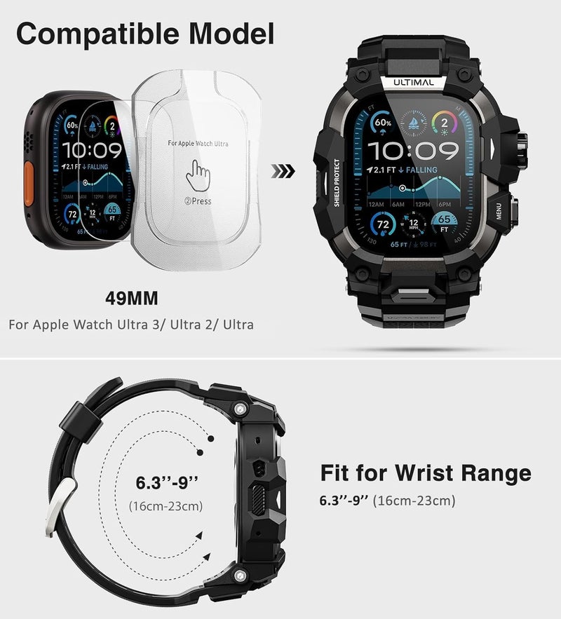 ULTIMAL Rugged Case with Band for Apple Watch 49mm,Compatible with Apple Watch Ultra 3/2/1, Military Grade Shockproof Bumper Cover for iWatch Tactical Band Men (49mm,Black) - Image 2